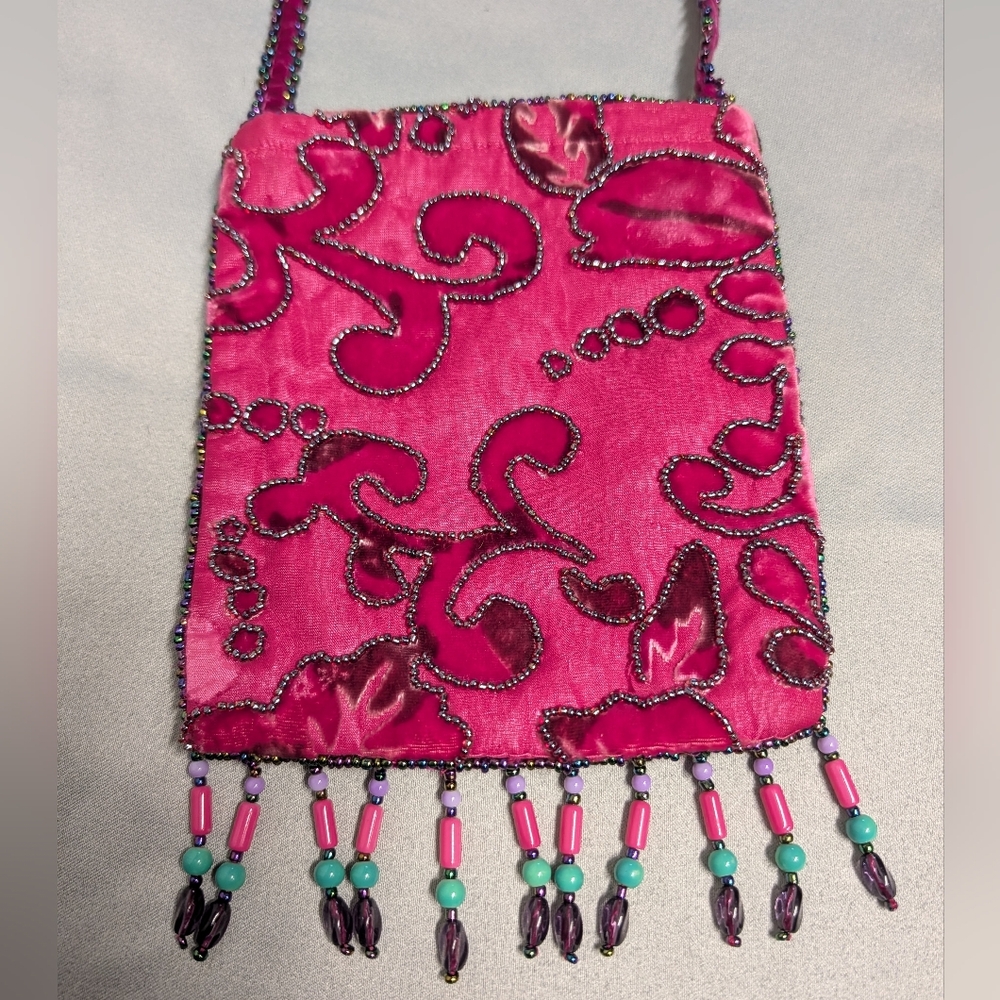 Vintage Hot Pink Velvet & Beaded Evening Bag Boho Floral Embroidery